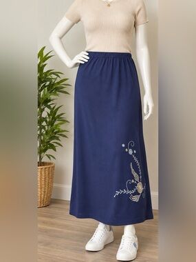 Alex  kin Navy Blue Embroidered Floral Maxi Skirt PS Petite Elastic Waist Boho